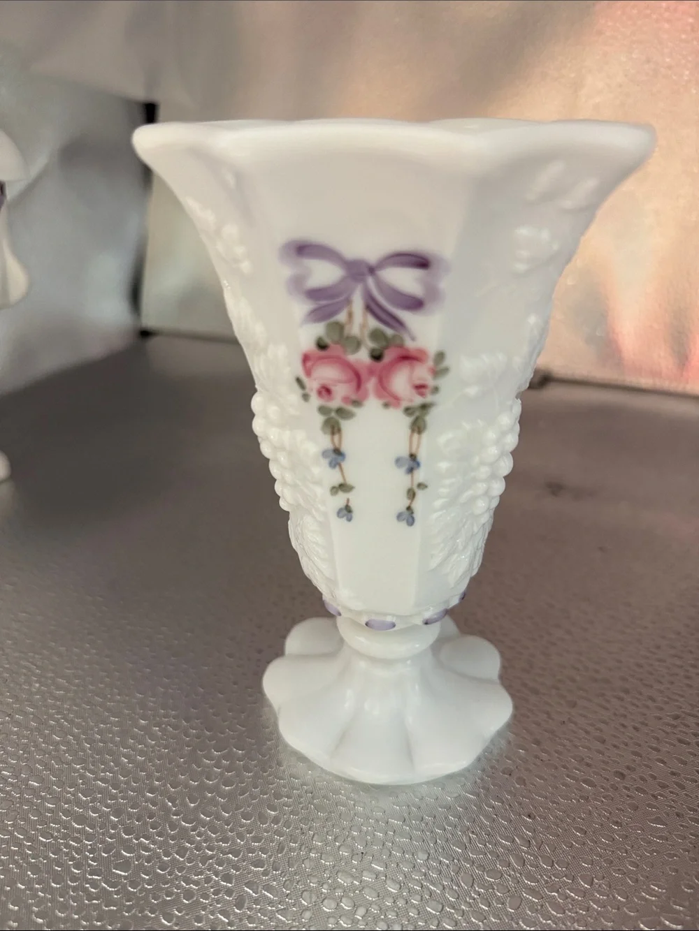 Vintage Westmoreland Flared Trumpet “ Roses and Bows” hand painted Vase